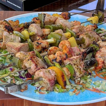 BBQ Seabass, shrimp and peach kebab