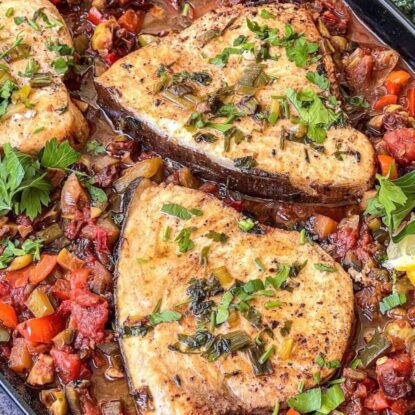 Smokey Sizzling Swordfish with Picadillo Sauce